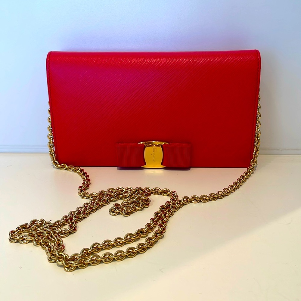 Salvatore Ferragamo red wallet on chain with cross body gold chain